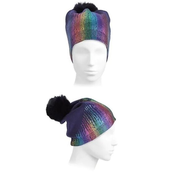 ADRIENNE LANDAU Metallic Beanie Rainbow Hat White Size OS - Picture 2 of 2